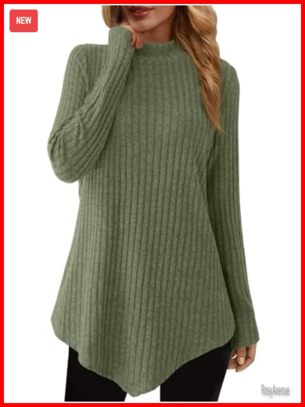 Mock Turtleneck Tunic Sweater Long Sleeve Ribbed Knit Women